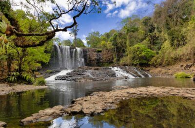 au milieu de la jungle, au bord de la rivière avec au fond une cascade